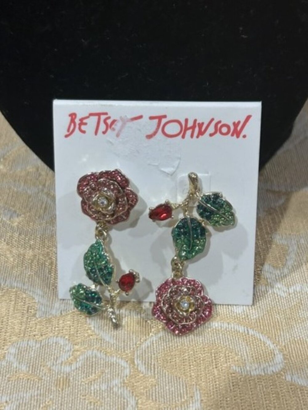 BETSEY JOHNSON Pink ROSE Green Red Rhinestone Mismatch Dangle EARRINGS
